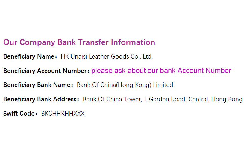 Our Company Bank Transfer Official Information